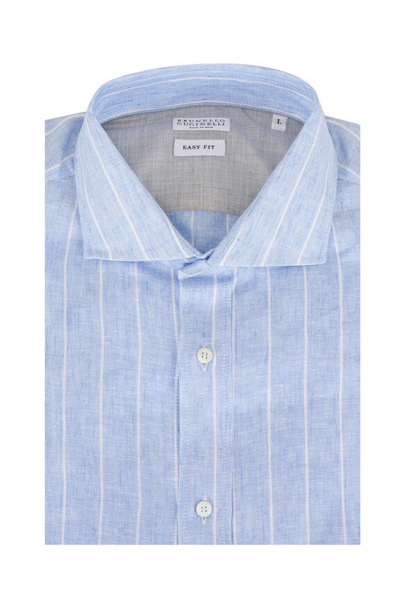 Brunello Cucinelli Blue Stripe Linen Sport Shirt