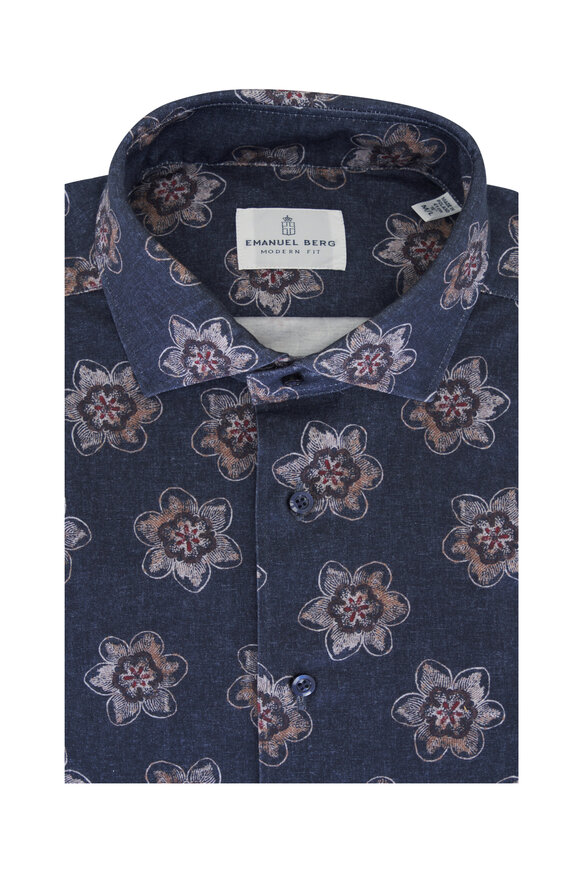 Emanuel Berg 4Flex Dark Blue Floral Print Sport Shirt