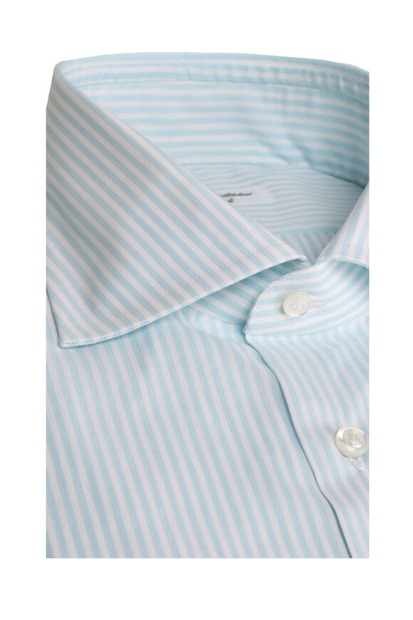 Cesare Attolini White & Baby Blue Cotton Stripe Sport Shirt - view 2