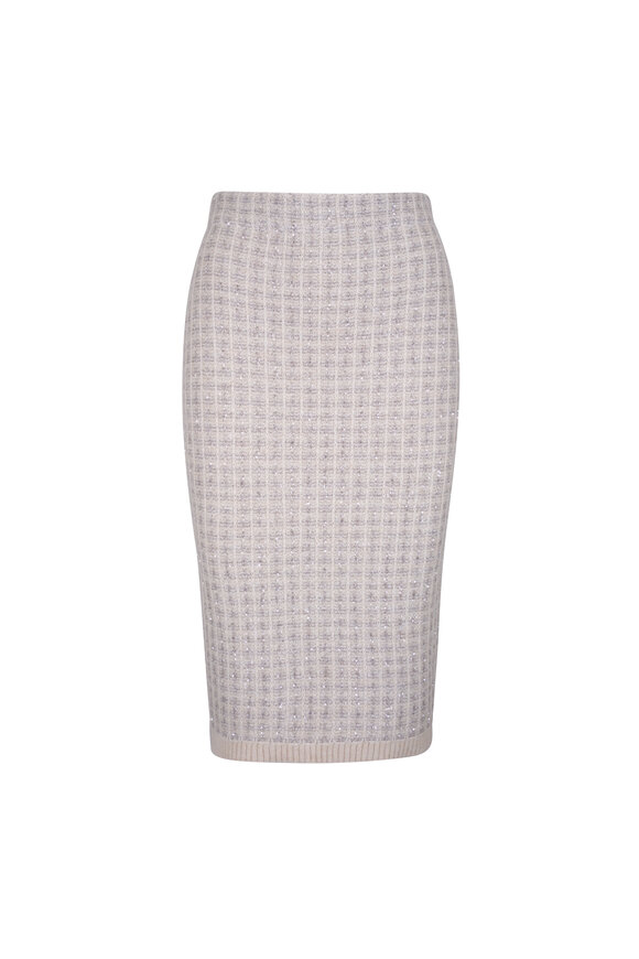 D.Exterior Cream & Gray Check Sequin Knit Midi Pencil Skirt