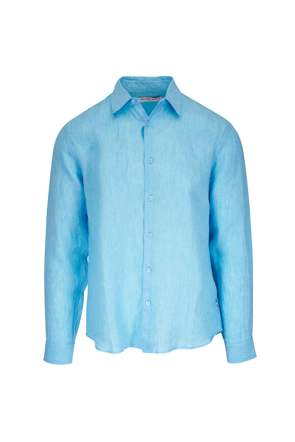 Orlebar Brown Giles Riviera Blue Linen Sport Shirt