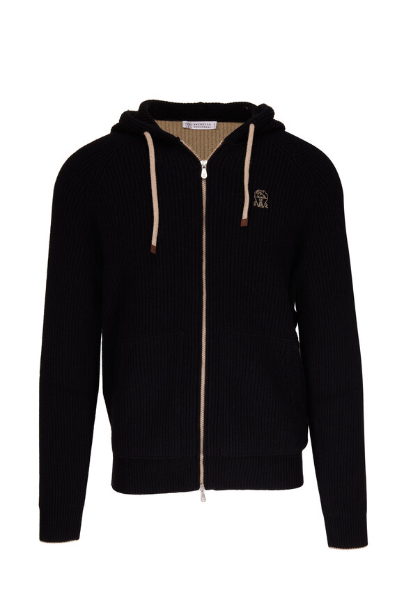Brunello Cucinelli - Black Ribbed Cashmere Front Zip Hoodie