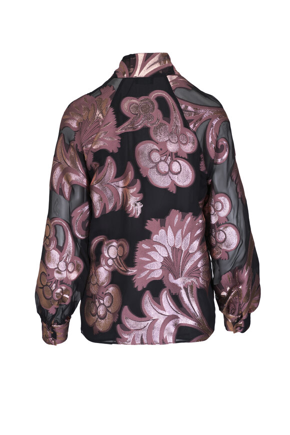 Etro - Metallic Blush & Black Print Tie Neck Blouse