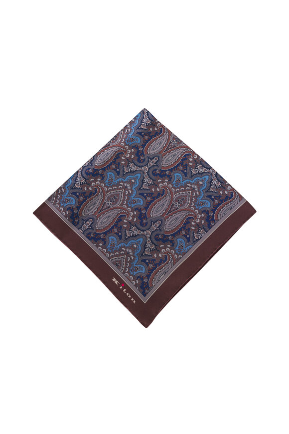Kiton Brown & Blue Paisley Print Silk Pocket Square - view 1