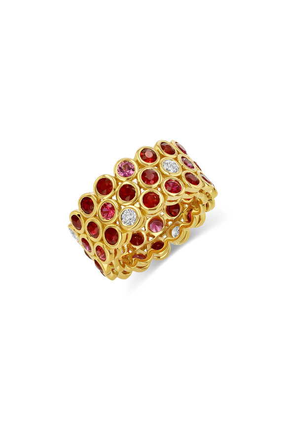 Aaron Henry Three Row Variegated Ruby & Diamond Ring - view 1