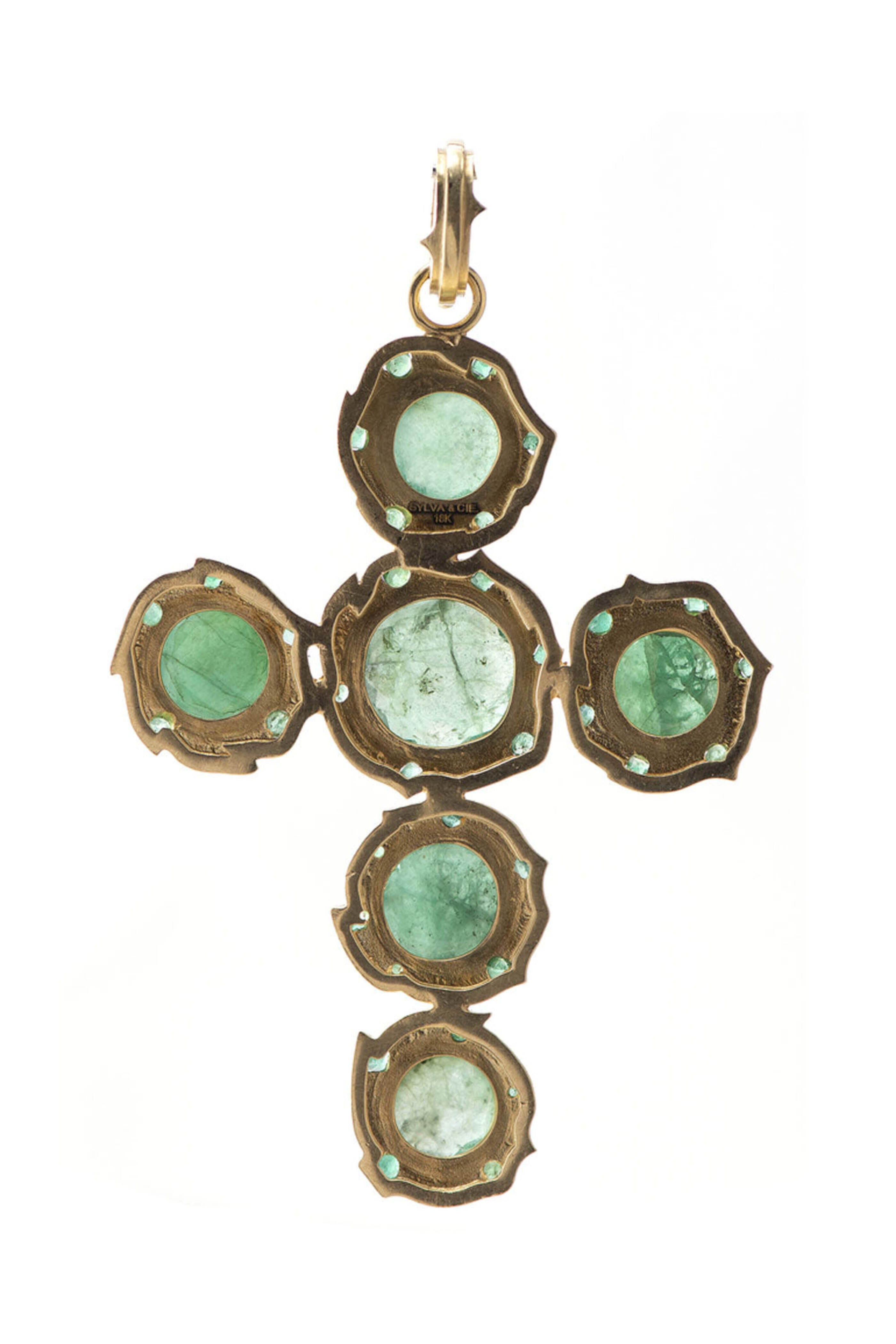 Sylva & Cie - Yellow Gold Brazilian Emerald Cross Pendant