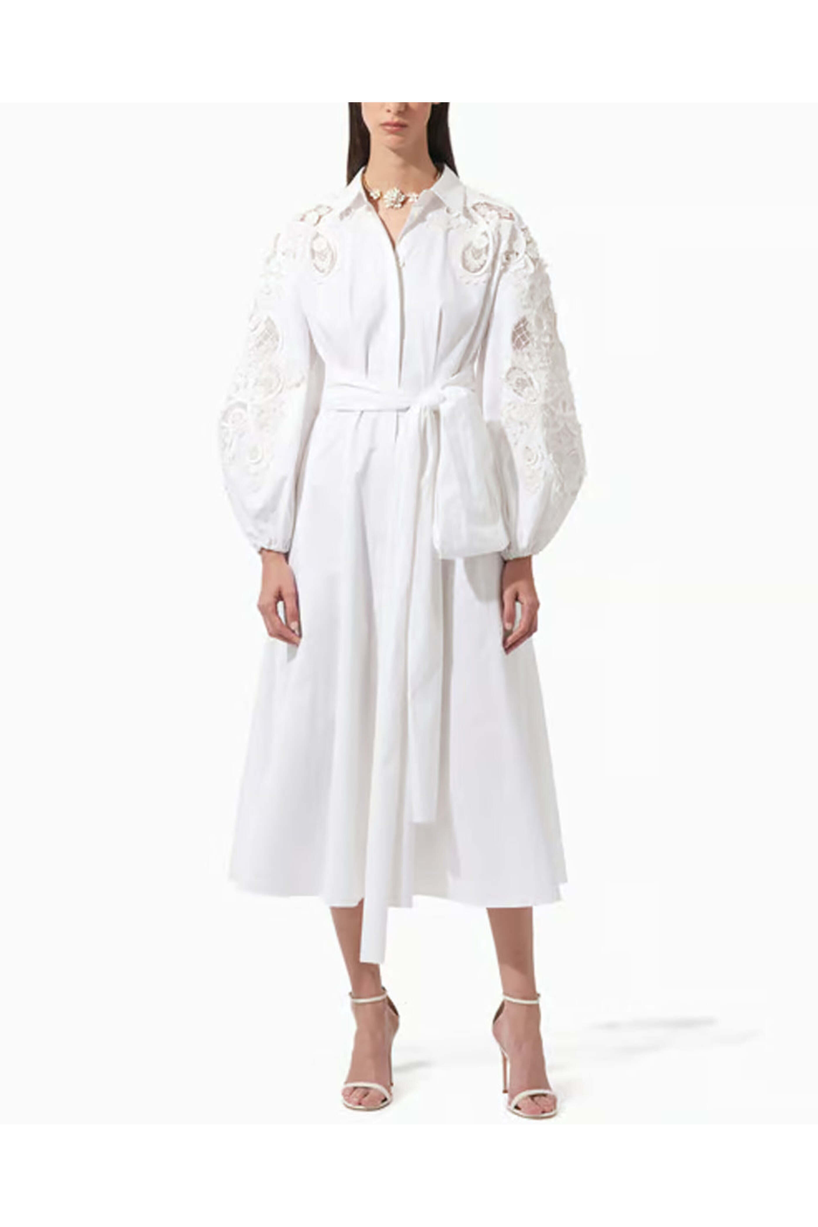 Carolina Herrera - White Embroidered Balloon Sleeve Midi Dress Carolina Herrera - White Embroidered Balloon Sleeve Midi Dress