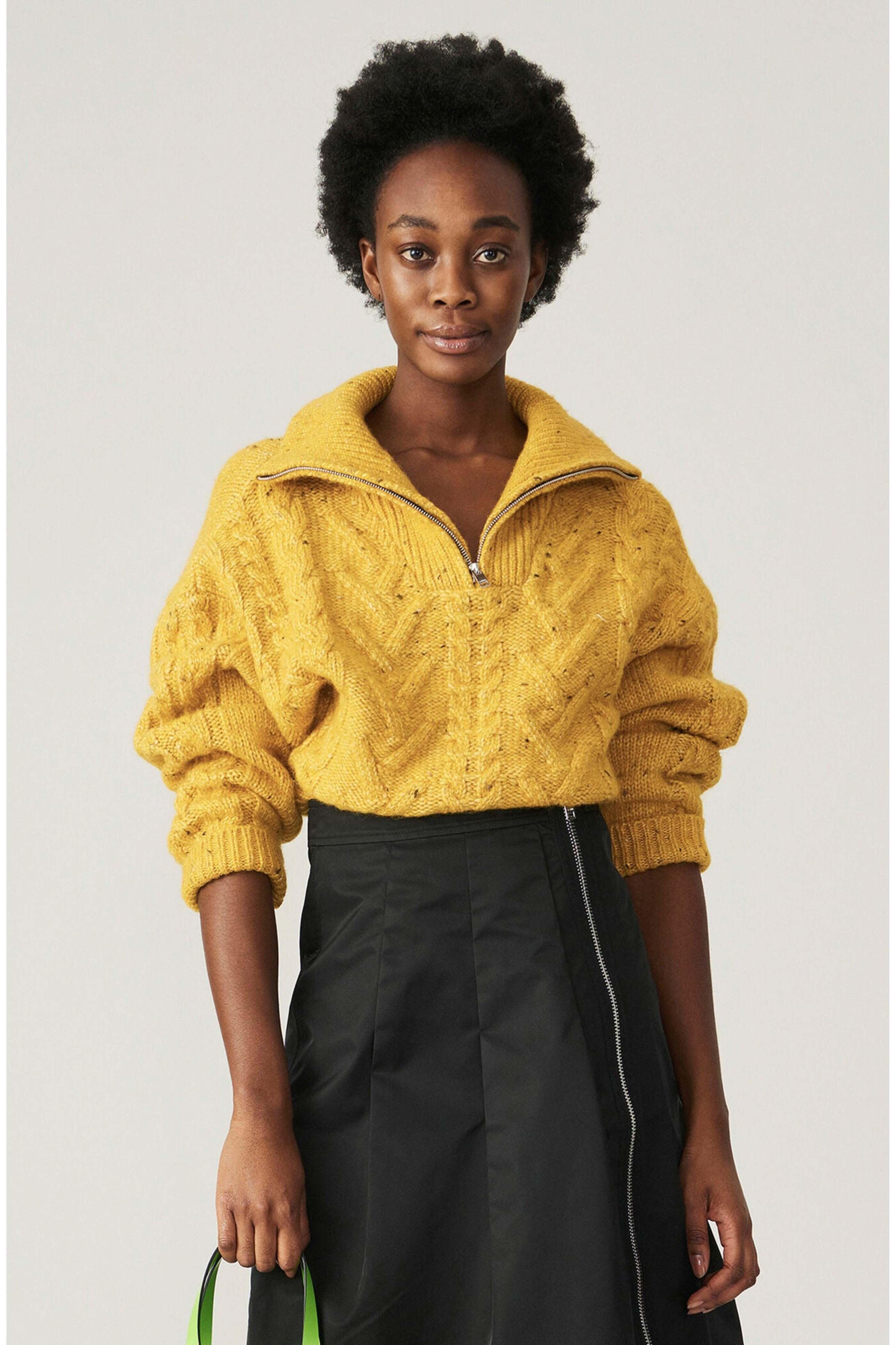Ganni - Yellow Spectra Cable Knit Quarter Zip Pullover