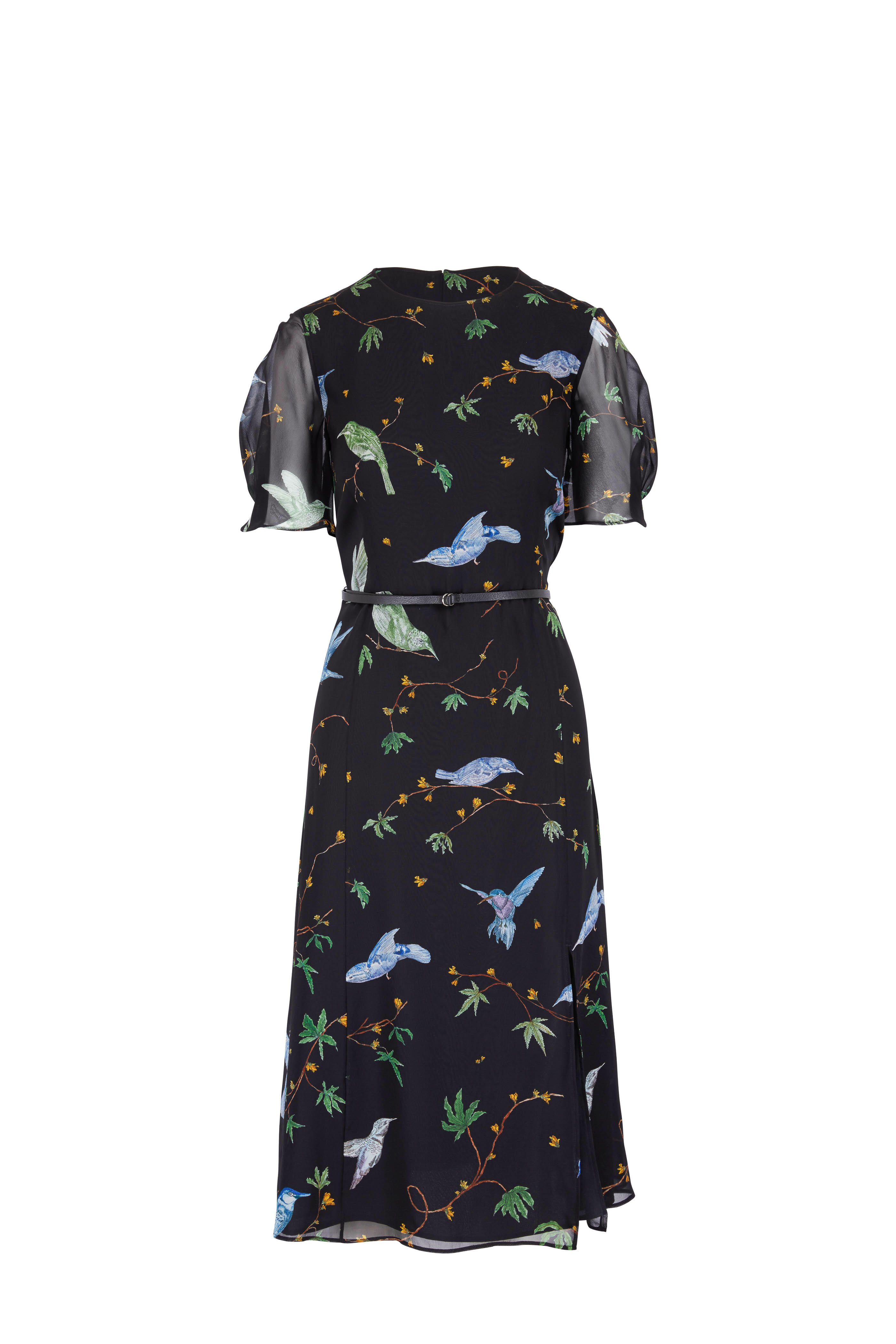 Altuzarra - Black Silk Bird Print Belted Dress