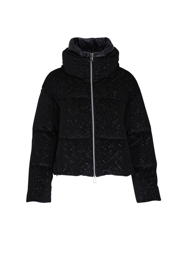 Herno Black Velvet Sequin Short Puffer Coat
