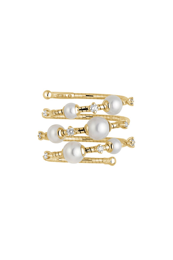 Mattia Cielo 18k Yellow Gold Pearl & Diamond 3 Row Ring