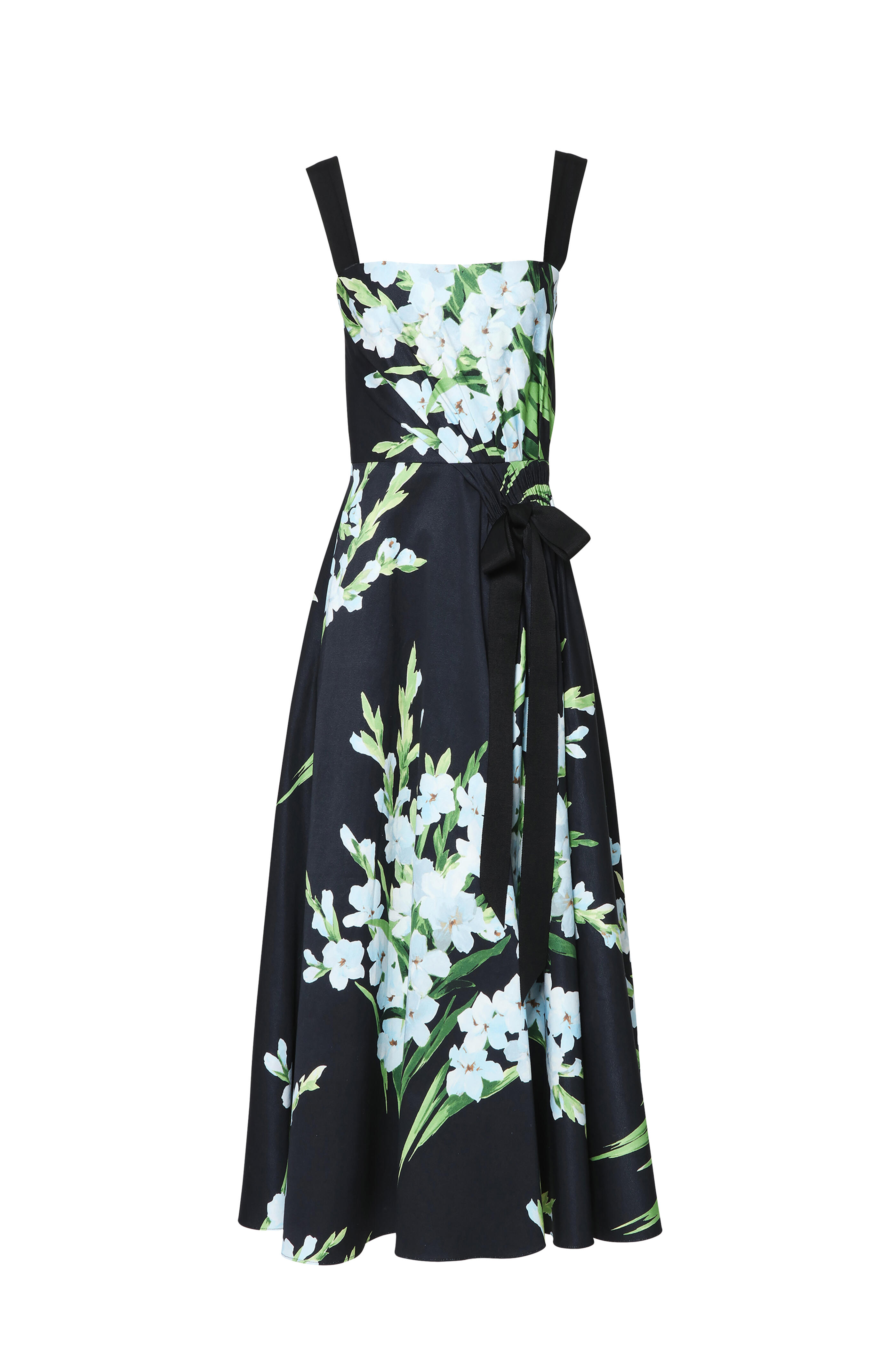 Carolina Herrera - Black Multi Floral Ruched Side Tie Midi Dress