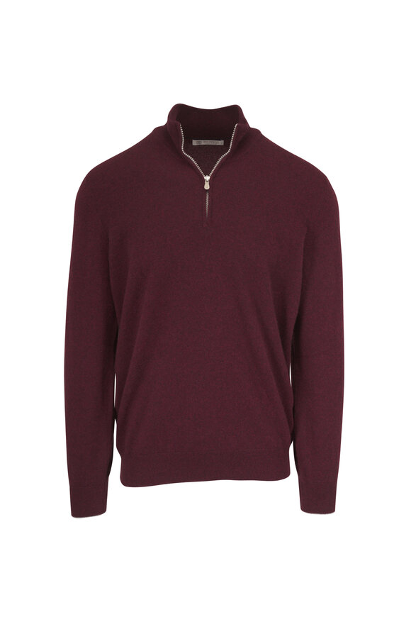Brunello Cucinelli Burgundy Cashmere Quarter Zip Pullover - view 1