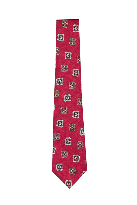 Kiton Red Geometric Silk Necktie - view 1