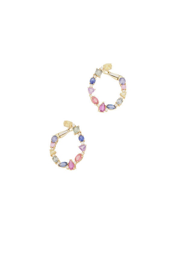 Cairo 18k Yellow Gold Rainbow Sapphire Hoop Earrings