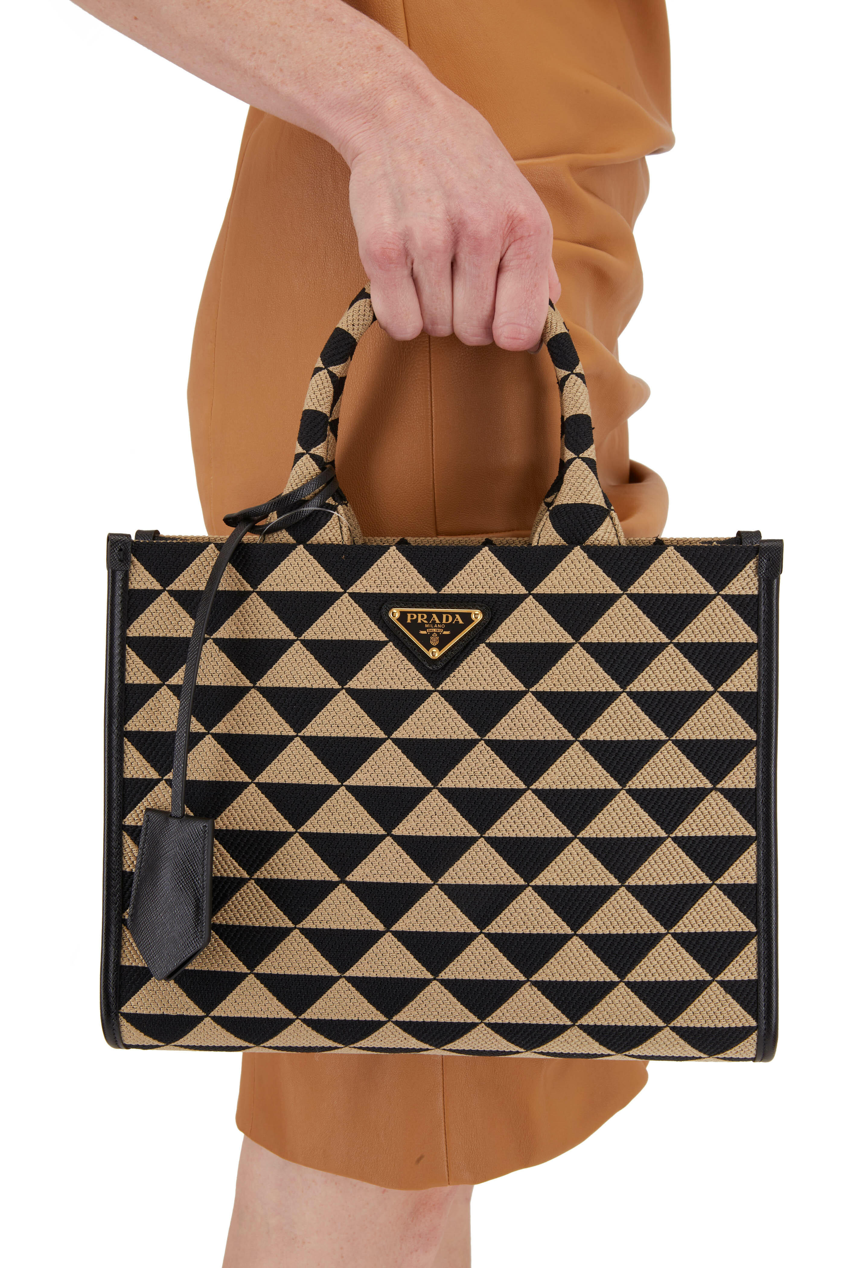 Prada Beige/brown Jacquard Logo Canvas and Leather Bow Top 