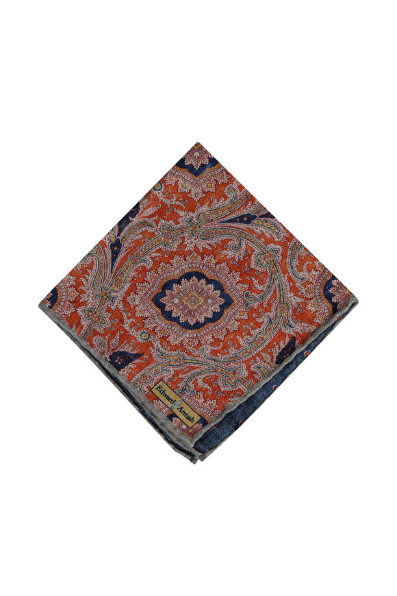 Edward Armah Orange & Navy Paisley Silk Pocket Square