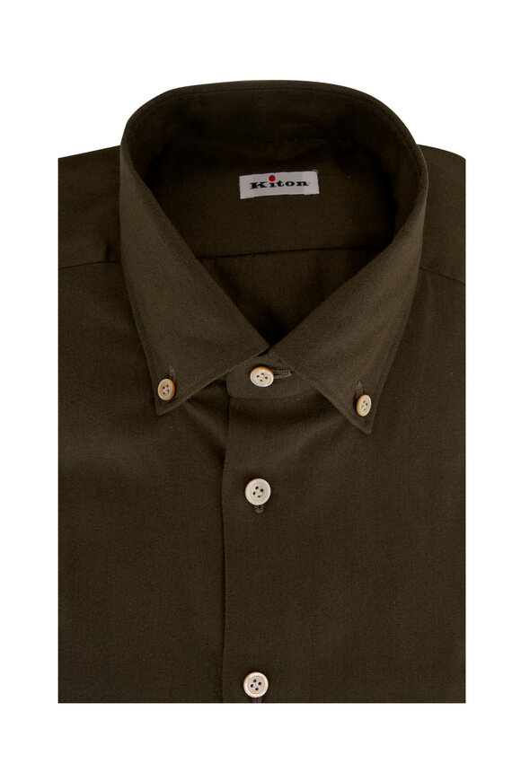 Kiton - Solid Olive Green Cotton Blend Dress Shirt 