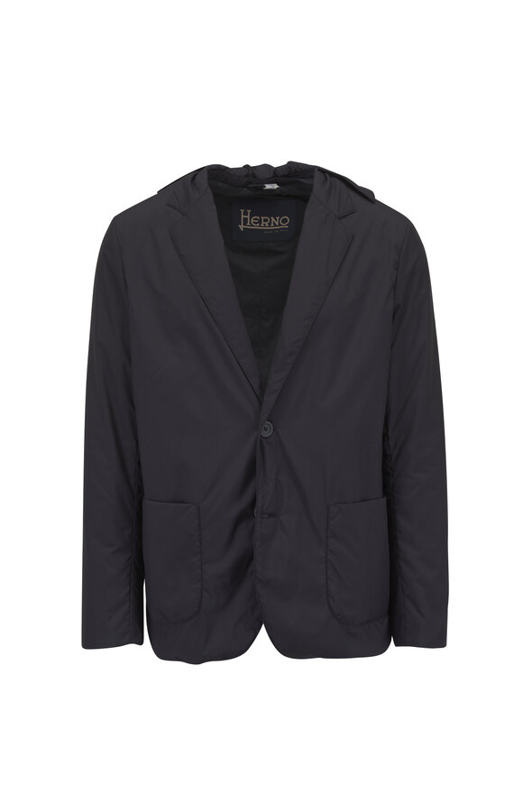 Herno Navy Blue Microfiber Hooded Blazer