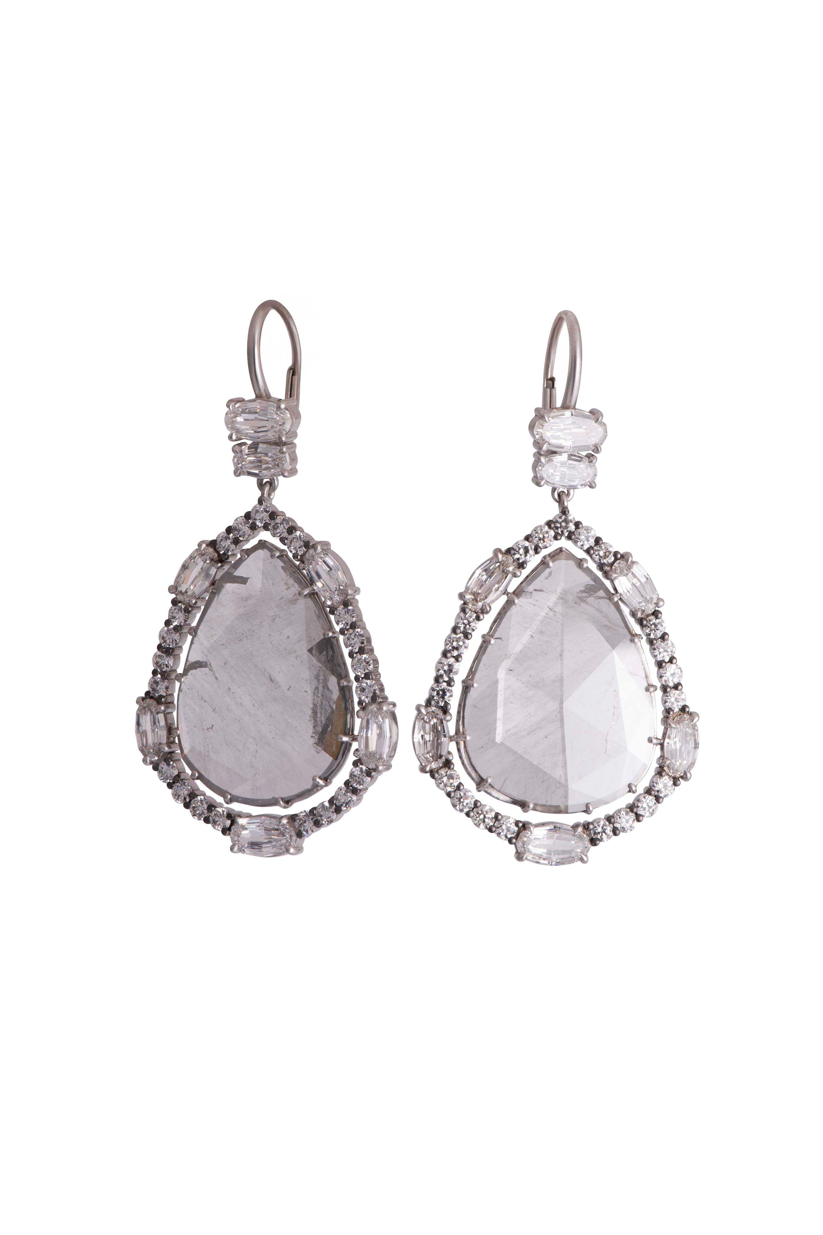 Sylva & Cie - Platinum Pear Diamond Earrings - view 1