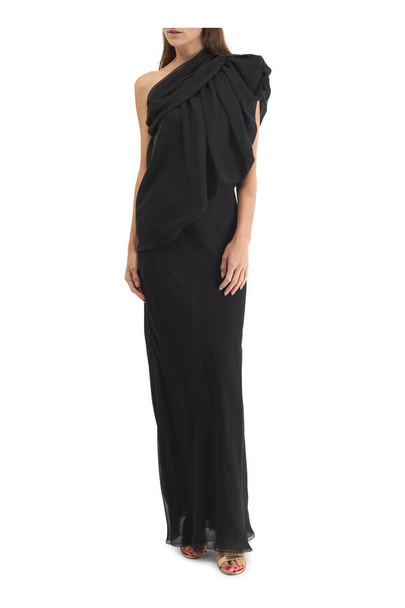 Saint Laurent - Black Draped One-Shoulder Silk Muslin Gown 