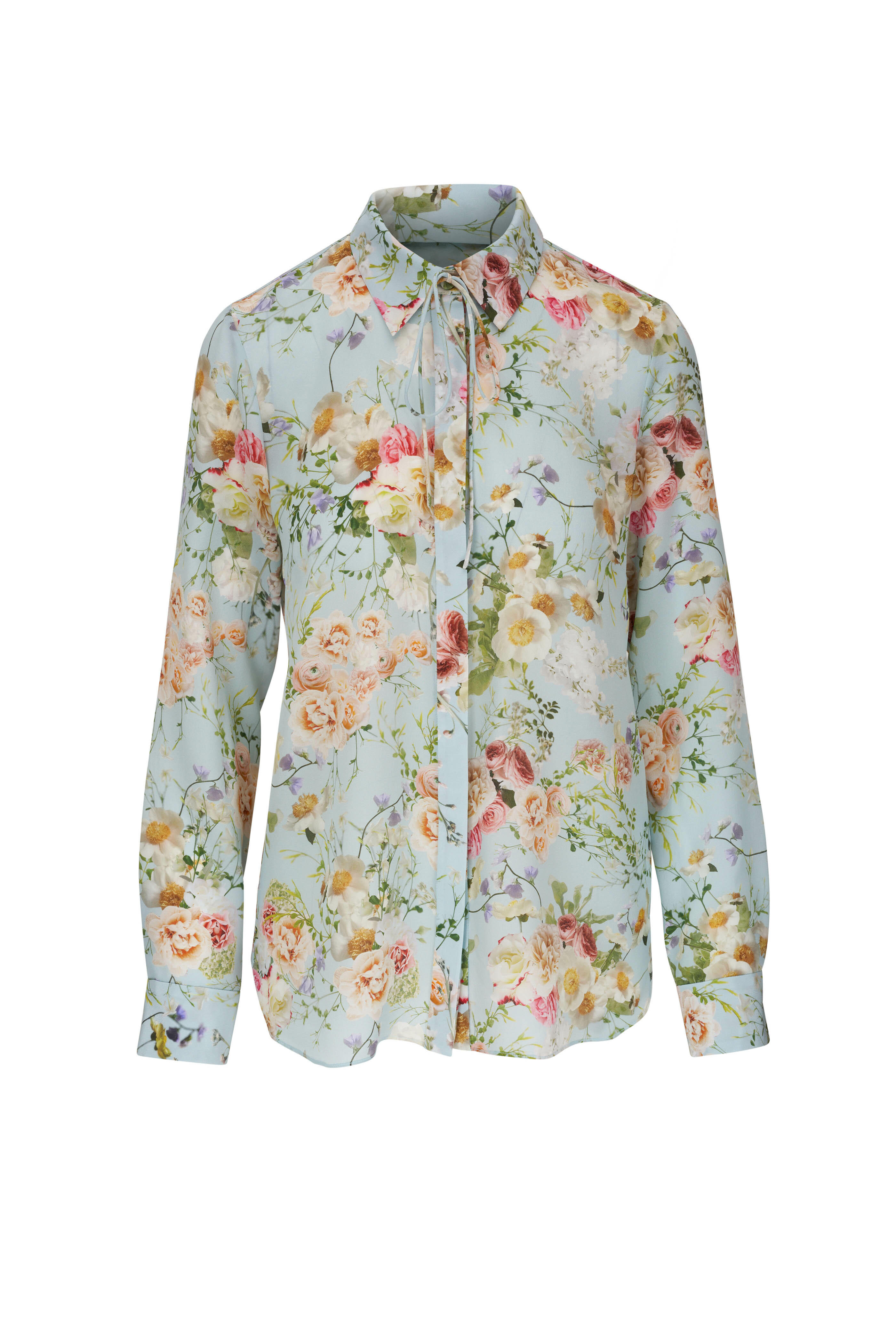 Adam Lippes - Pale Blue Floral Crepe de Chine Thin Bow Blouse