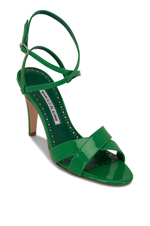 Manolo Blahnik Tormentas Bright Green Ankle Strap Sandal, 90mm