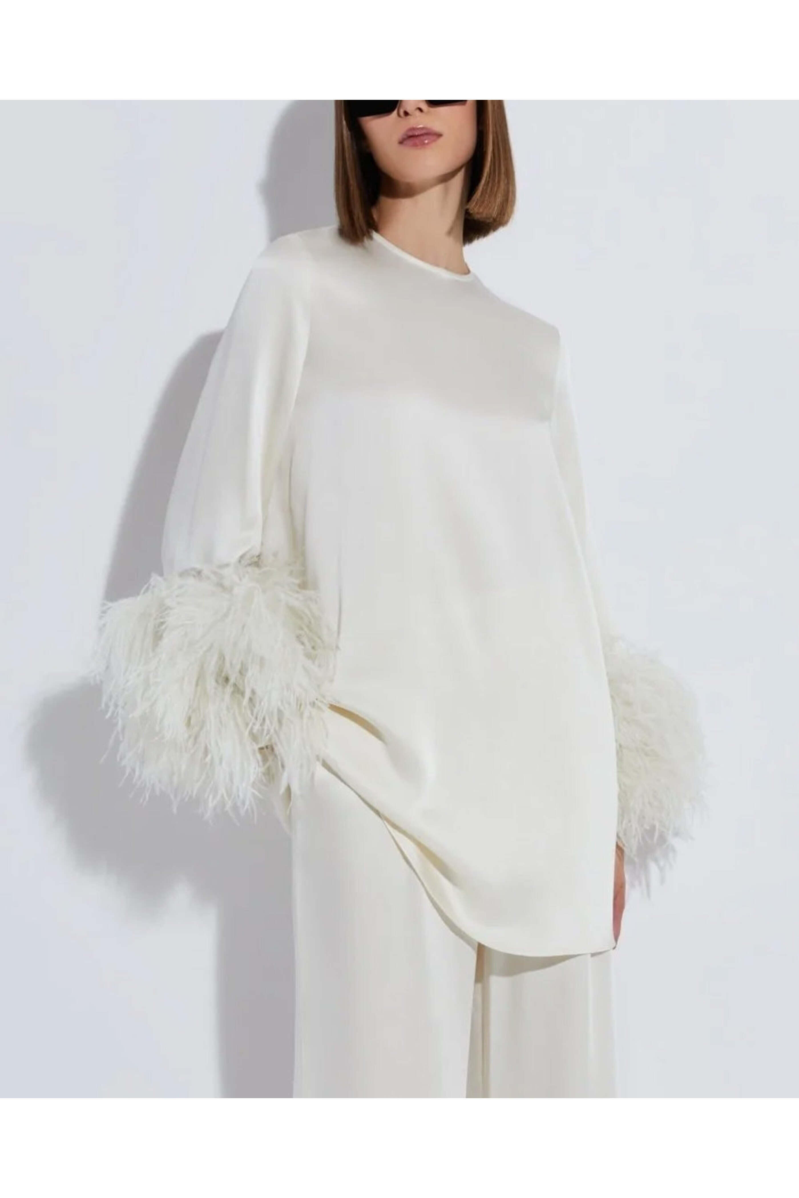 LaPointe - Cream Satin Ostrich Feather Shift Dress