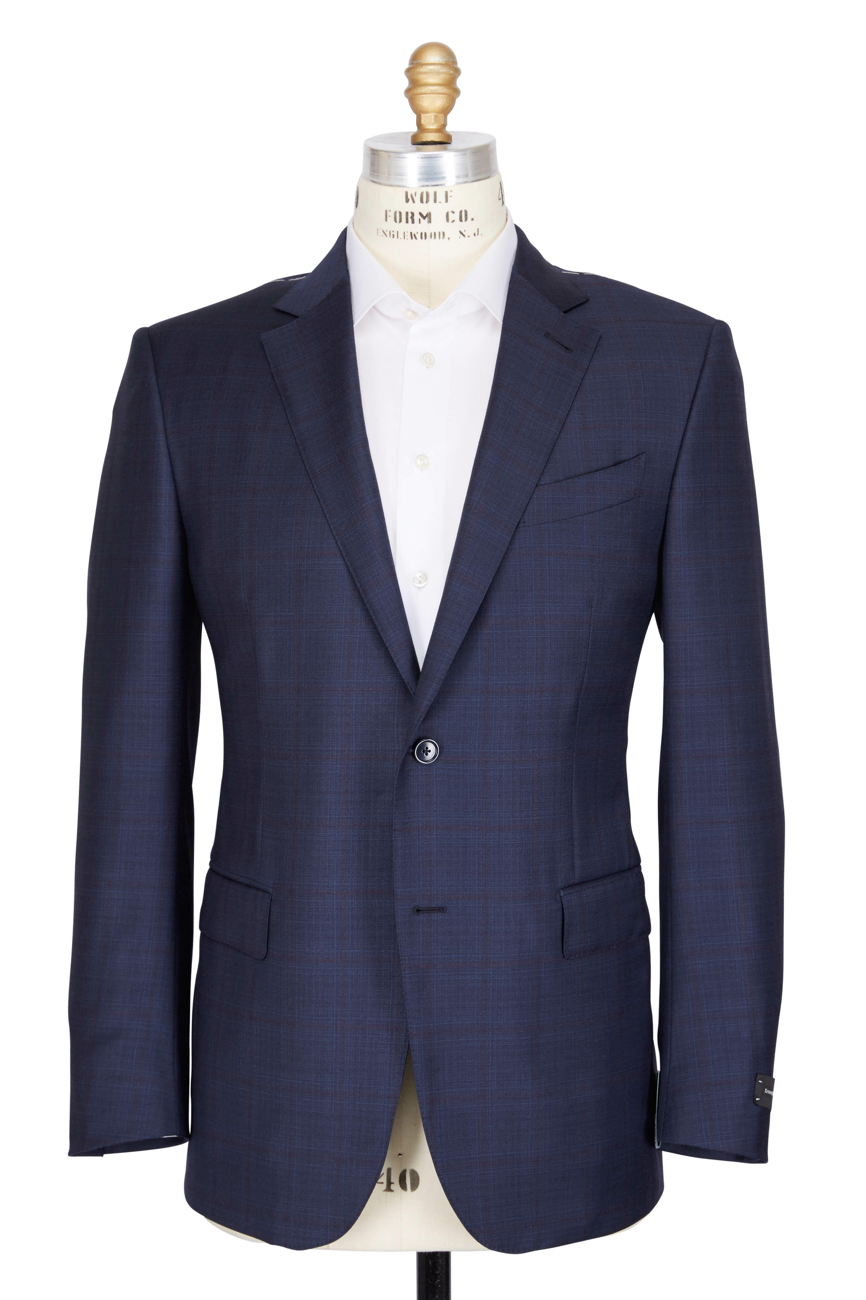 Zegna - Navy & Brown Wool & Silk Windowpane Suit