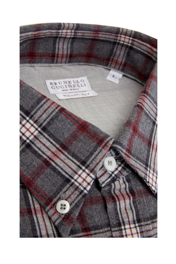 Brunello Cucinelli - Gray & Red Plaid Check Basic Fit Sport Shirt 