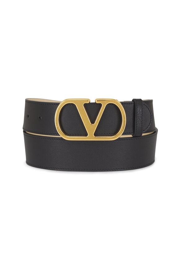 Valentino Garavani VLogo Butter & Black Reversible Leather Belt, 40mm - view 1