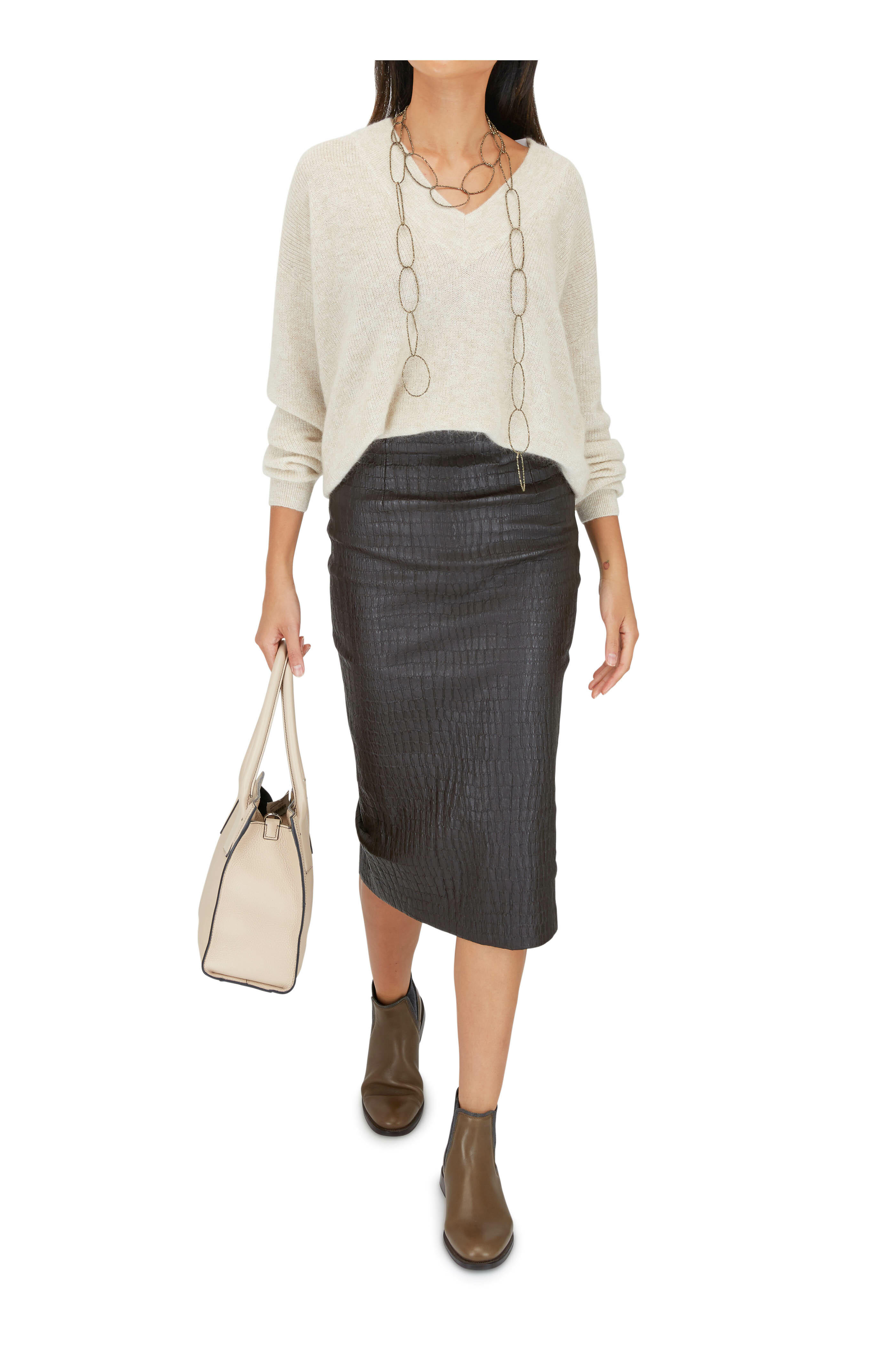 Brunello Cucinelli - Dark Brown Leather Snakeskin Embossed