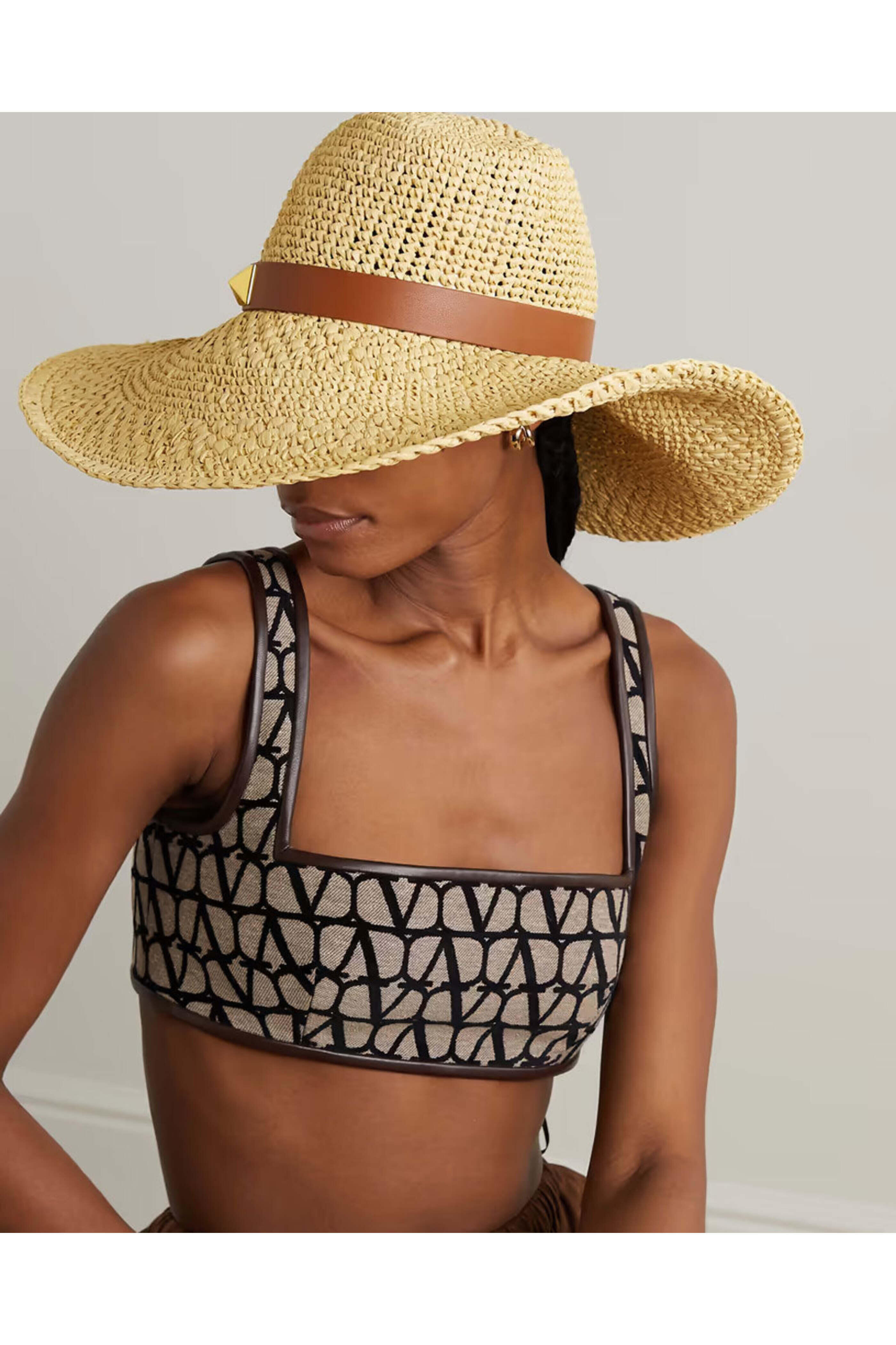 Valentino Garavani - Roman Stud Leather-Trimmed Small Straw Fedora