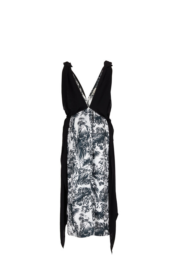 Bottega Veneta - Black & White Feather Print Silk Midi Dress 