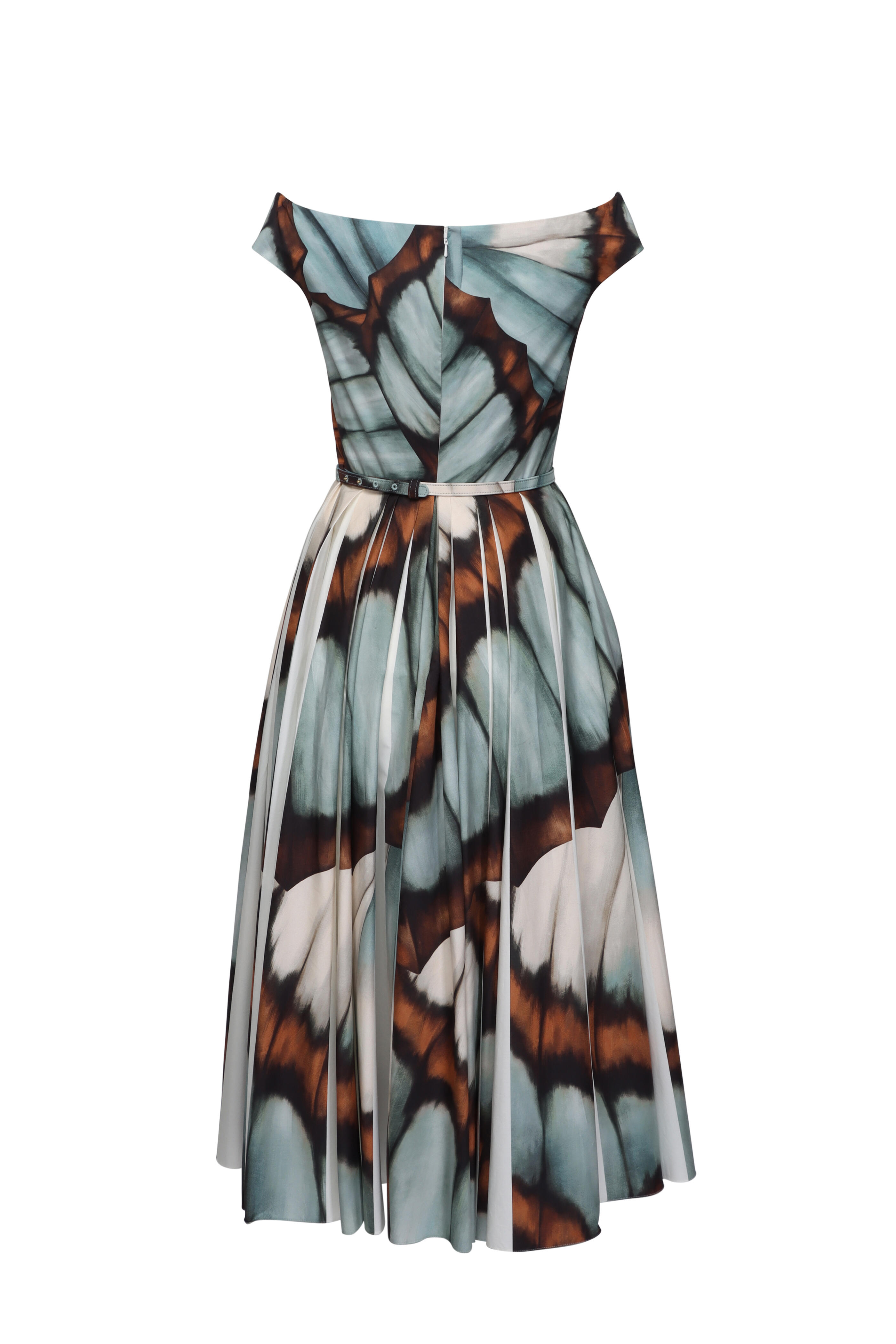 Oscar de la Renta - Blue Abstract Butterfly Belted Pleat Dress