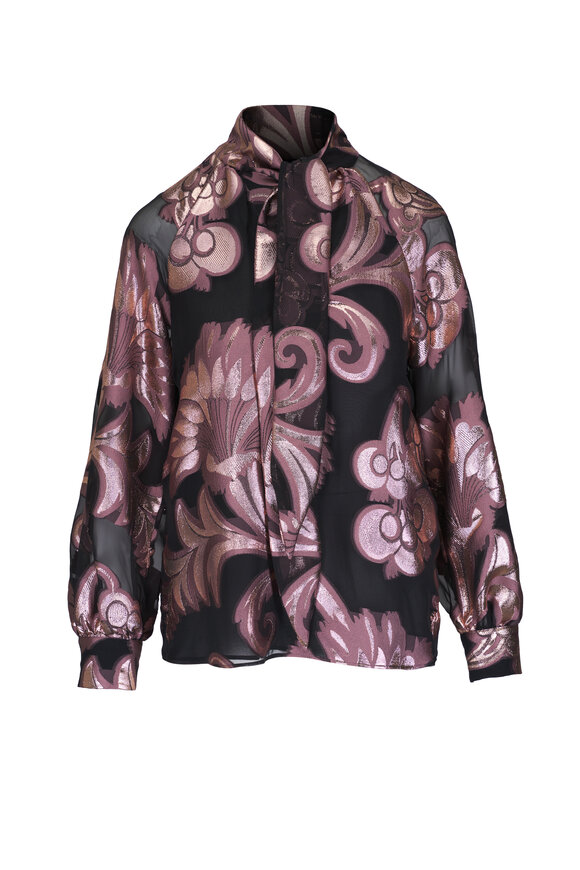 Etro Metallic Blush & Black Print Tie Neck Blouse