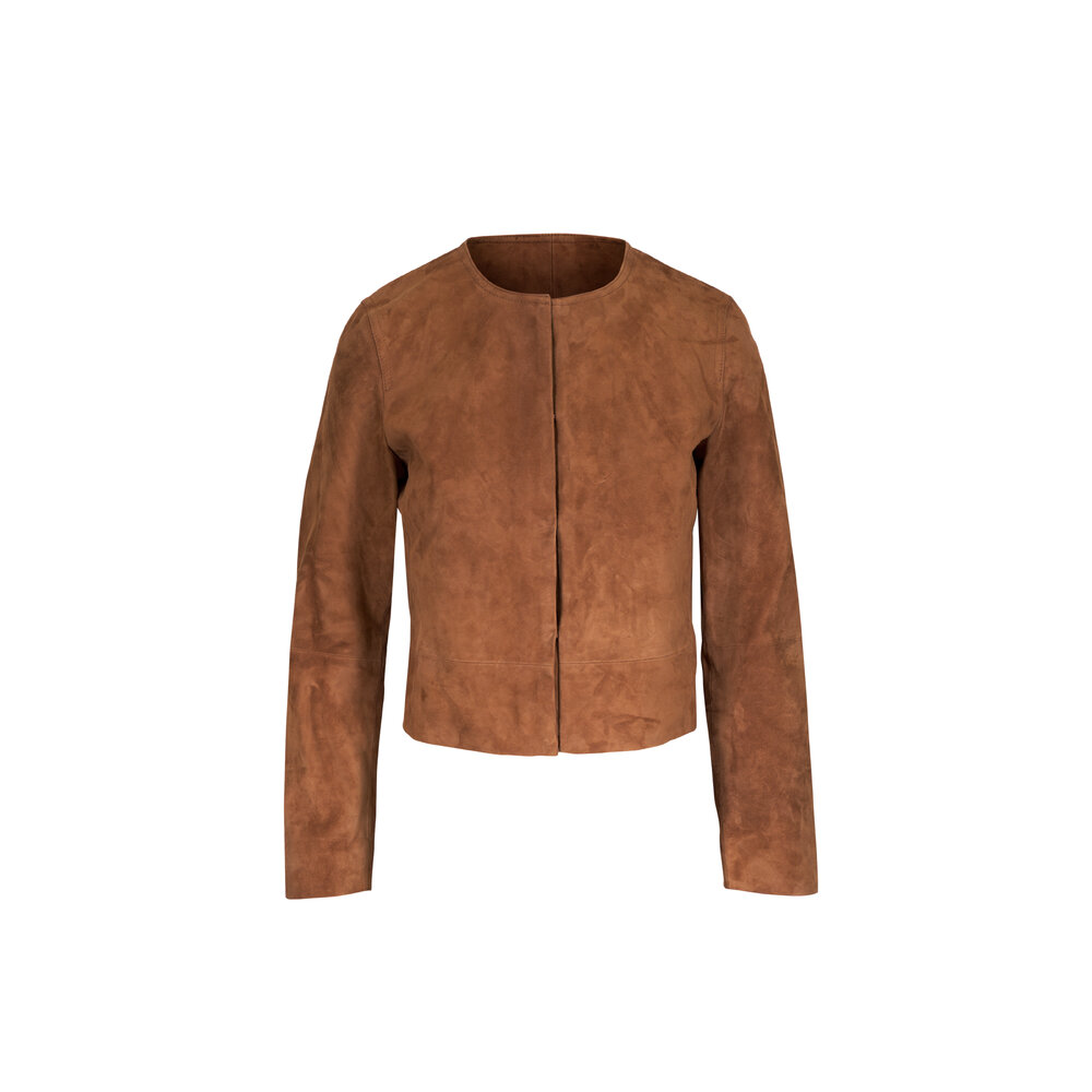 Vince - Collarless Cropped Carmel Suede Jacket | Mitchell Stores