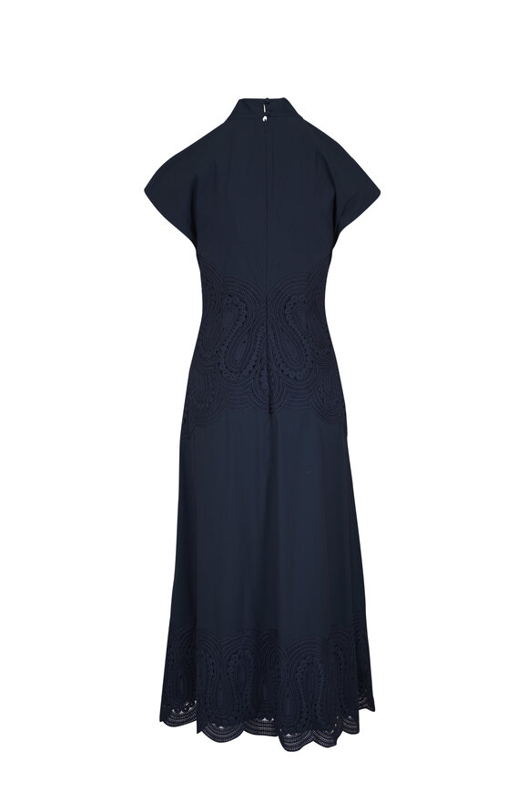 Lela Rose - V-Neck Navy Blue Lace Midi Dress