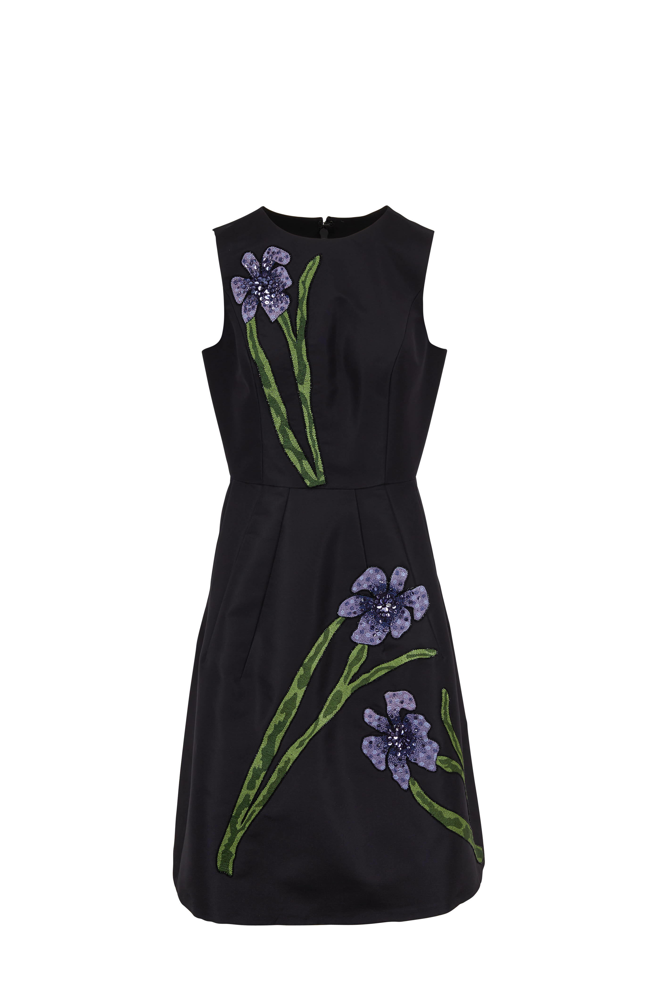 Carolina Herrera - Black Flower Embroidered Sleeveless A-Line Dress