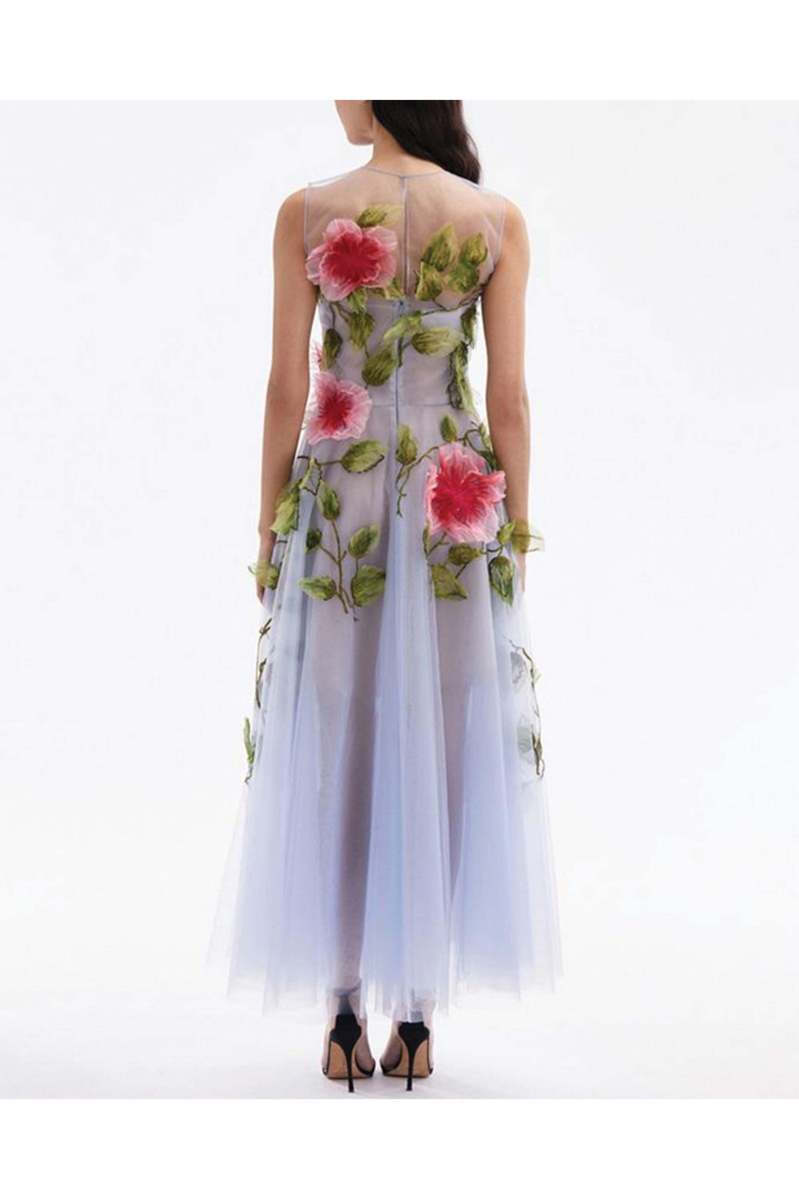 Oscar de la Renta - Blue and Pink Hibiscus Embellished Organza Gown