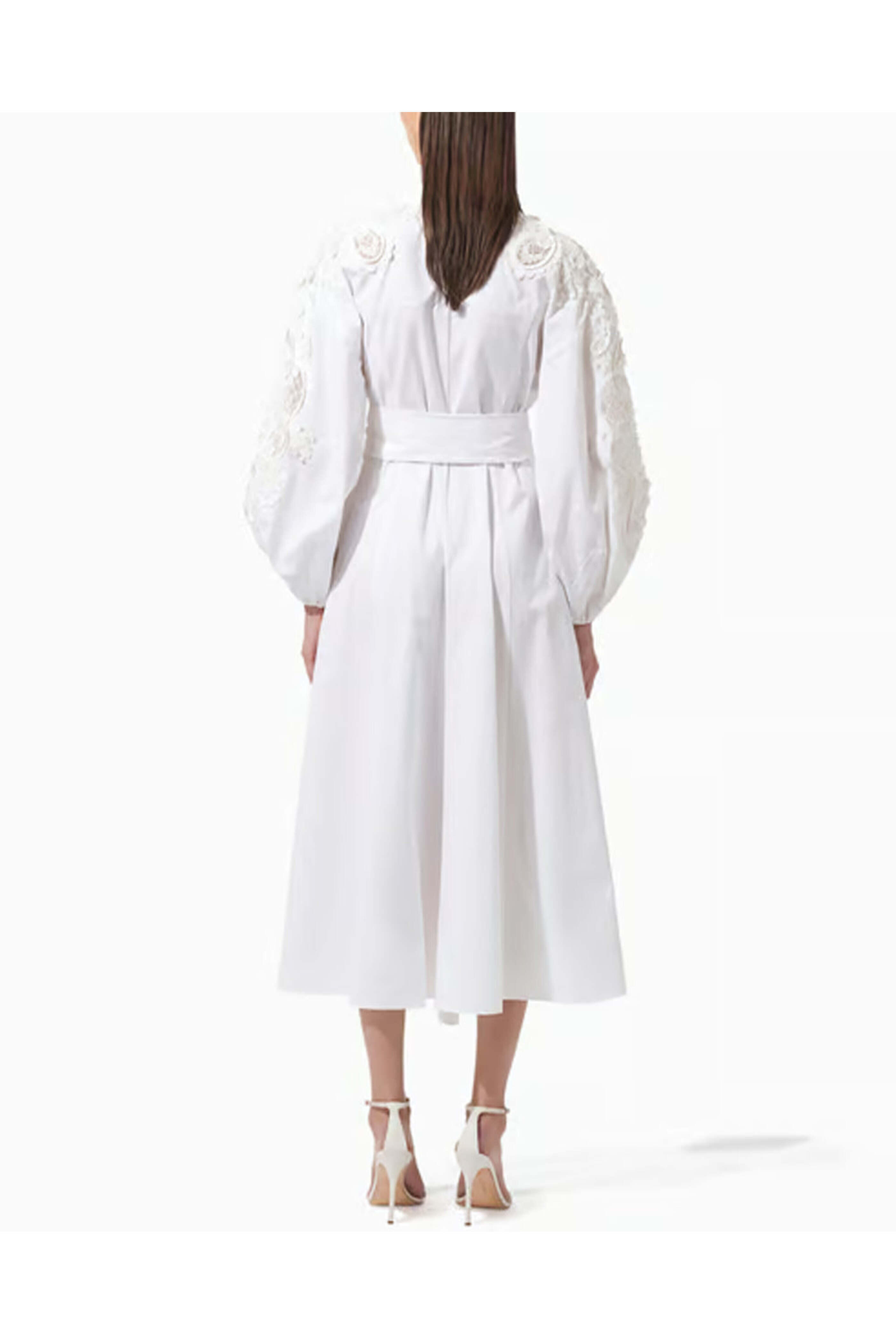 white balloon sleeve midi dress Off White Balloon Sleeve Pleated Midi Dress