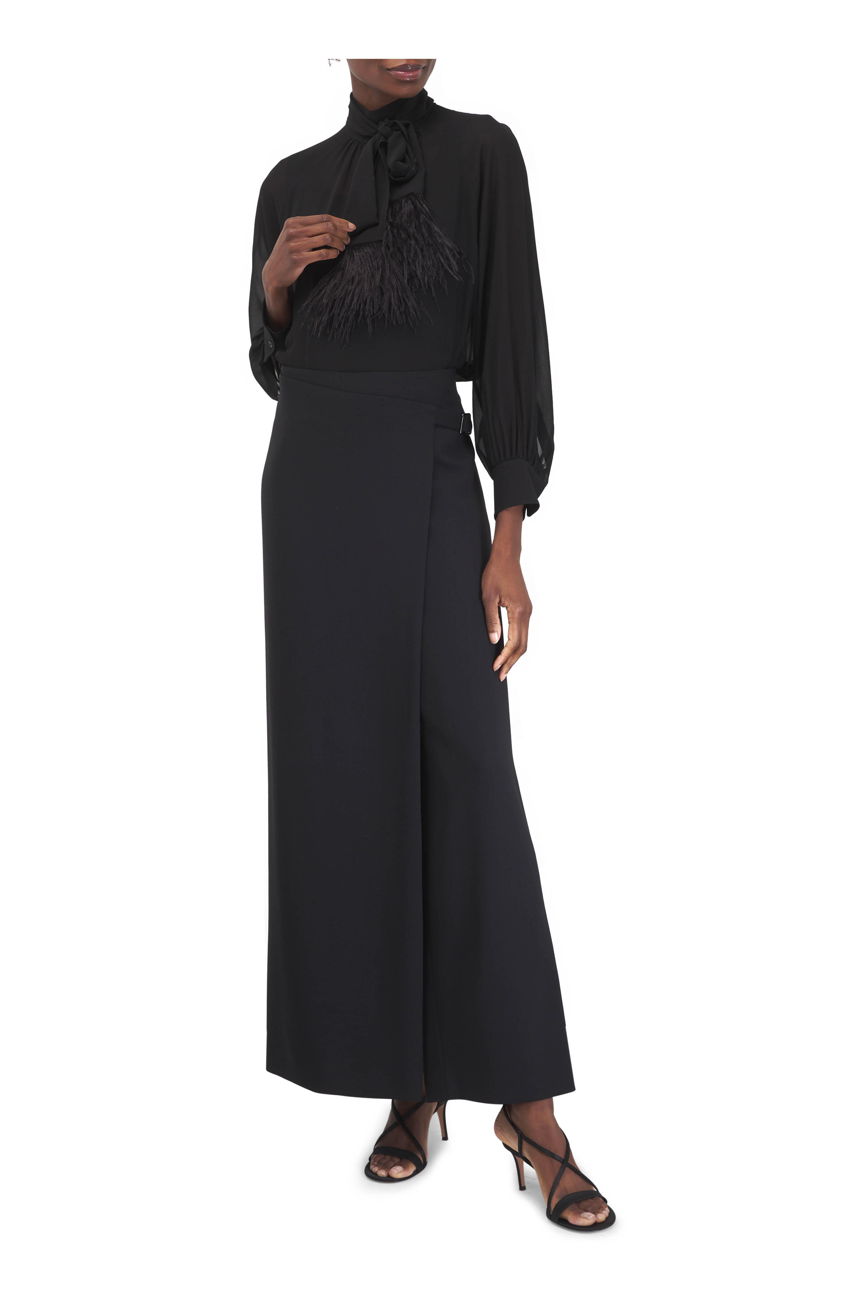 Akris - Black Feathered Scarf Mock Neck Blouse