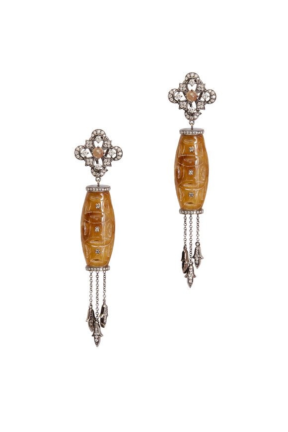Bochic - Gold Carved Brown Jade Diamond Dangle Earrings