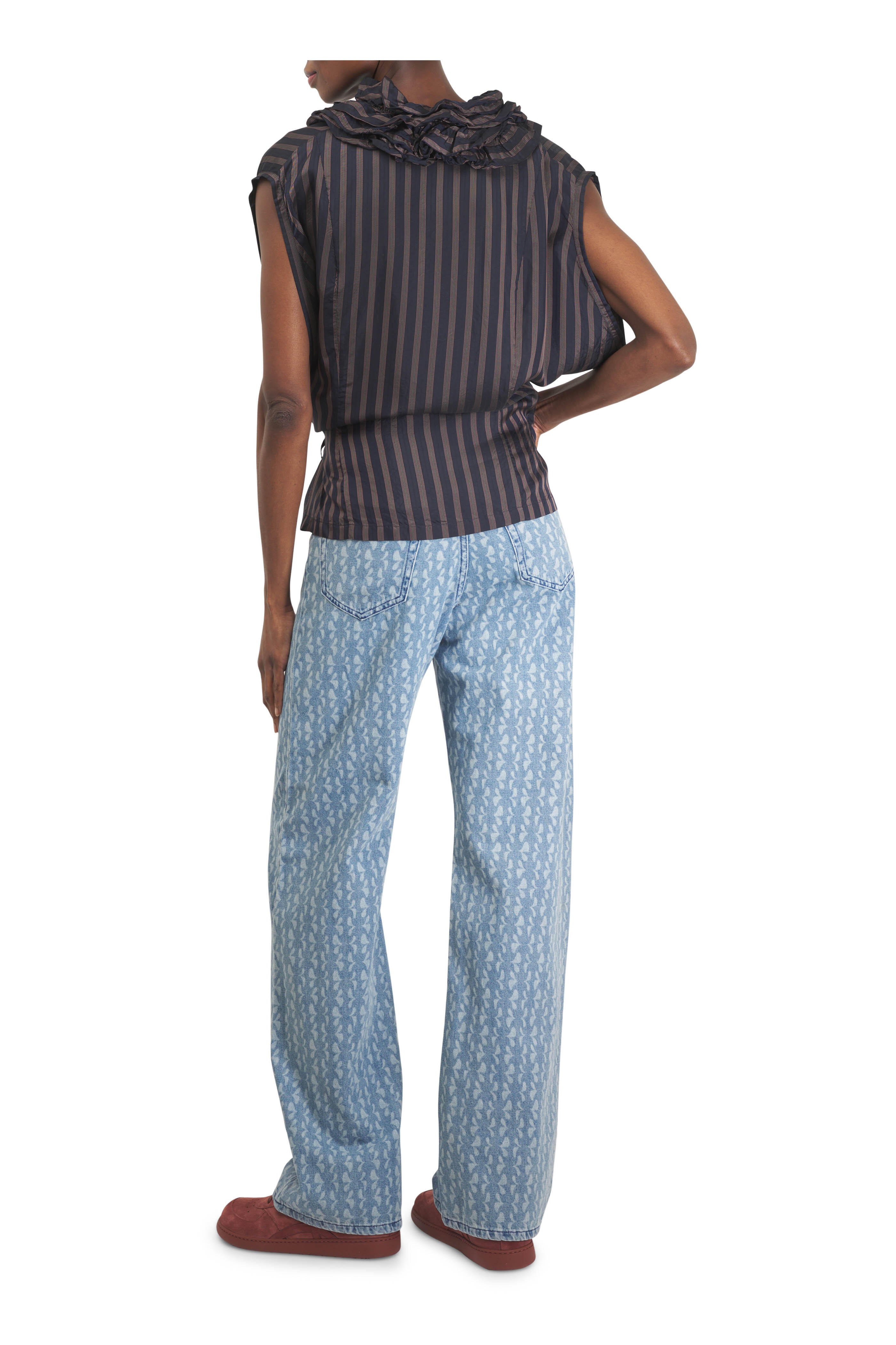 Dries Van Noten - Clematis Navy Blue Stripe Sleeveless Ruffle Top