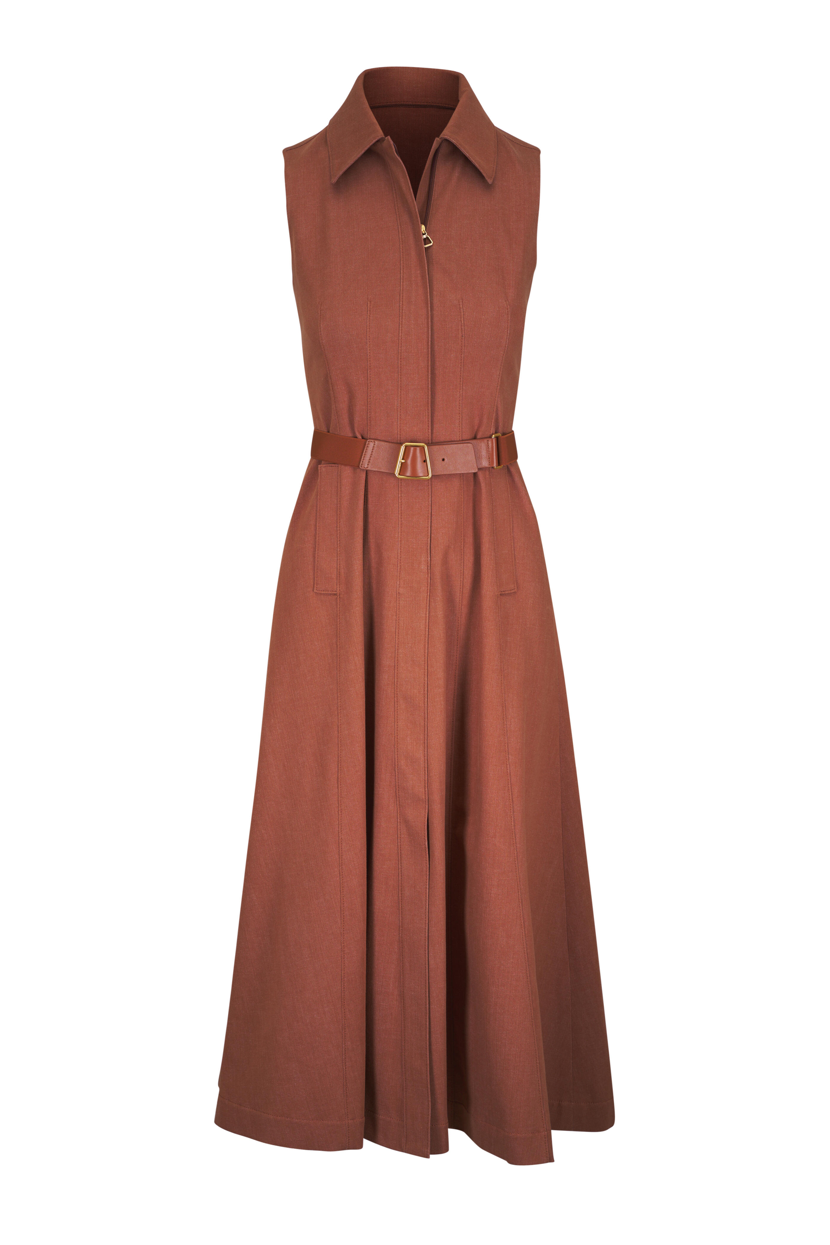 Akris - Sleeveless Collared Terracotta Belted Midi Dress