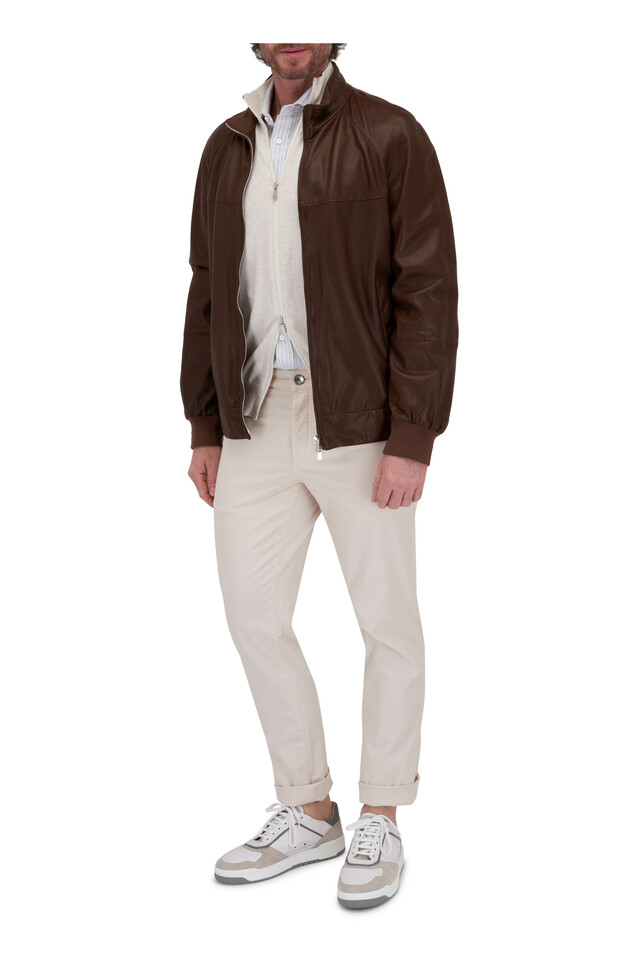 Brunello Cucinelli Brown Perforated Leather Bomber Jacket