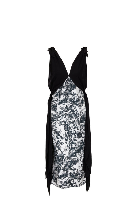 Bottega Veneta - Black & White Feather Print Silk Midi Dress 