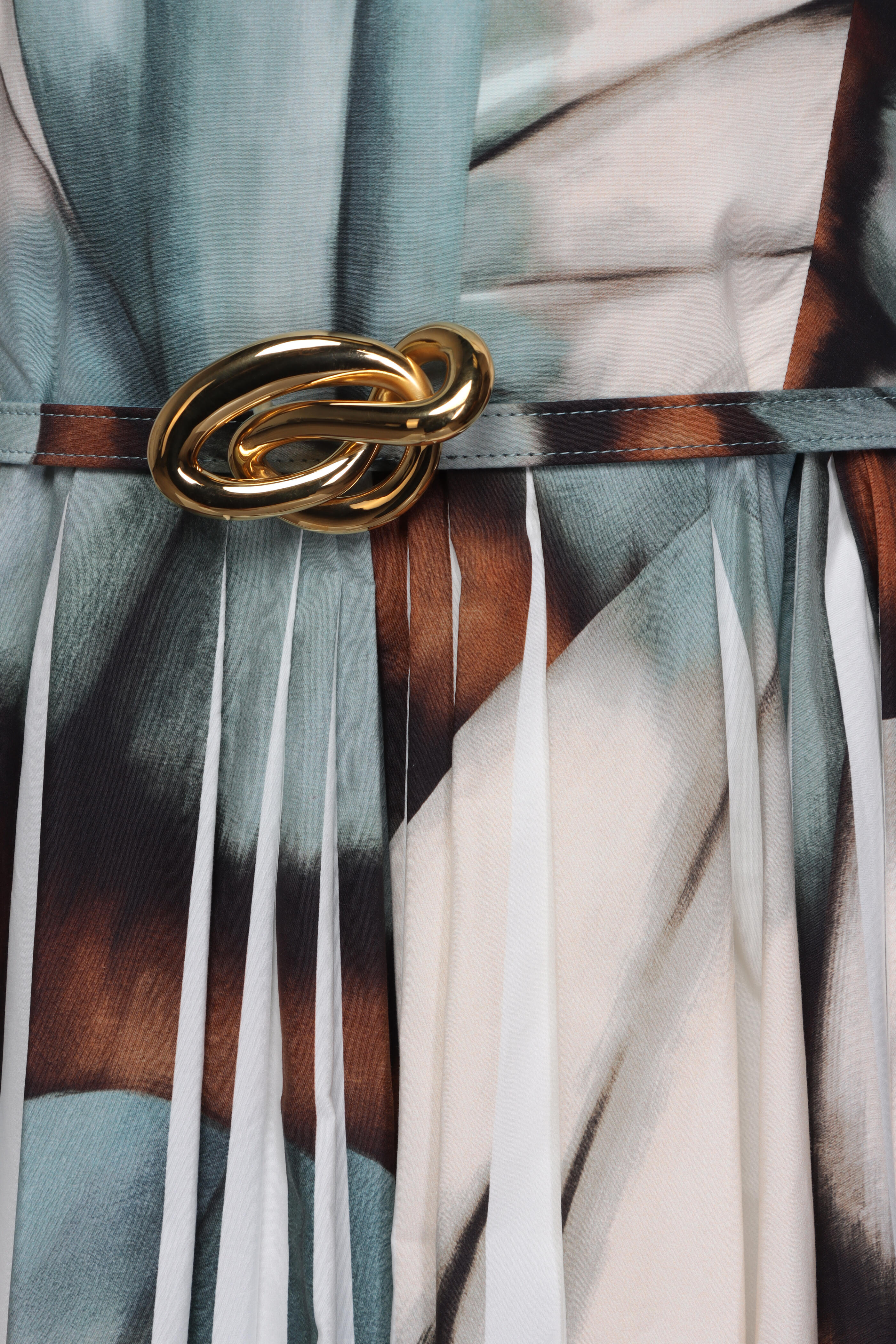 Oscar de la Renta - Blue Abstract Butterfly Belted Pleat Dress