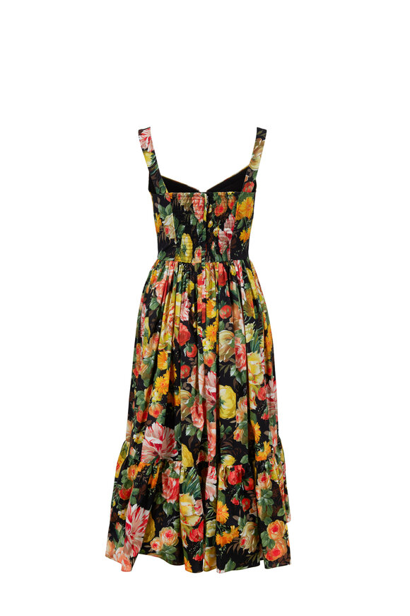 Dolce & Gabbana - Black & Yellow Floral Printed Fit-To-Flare Dress