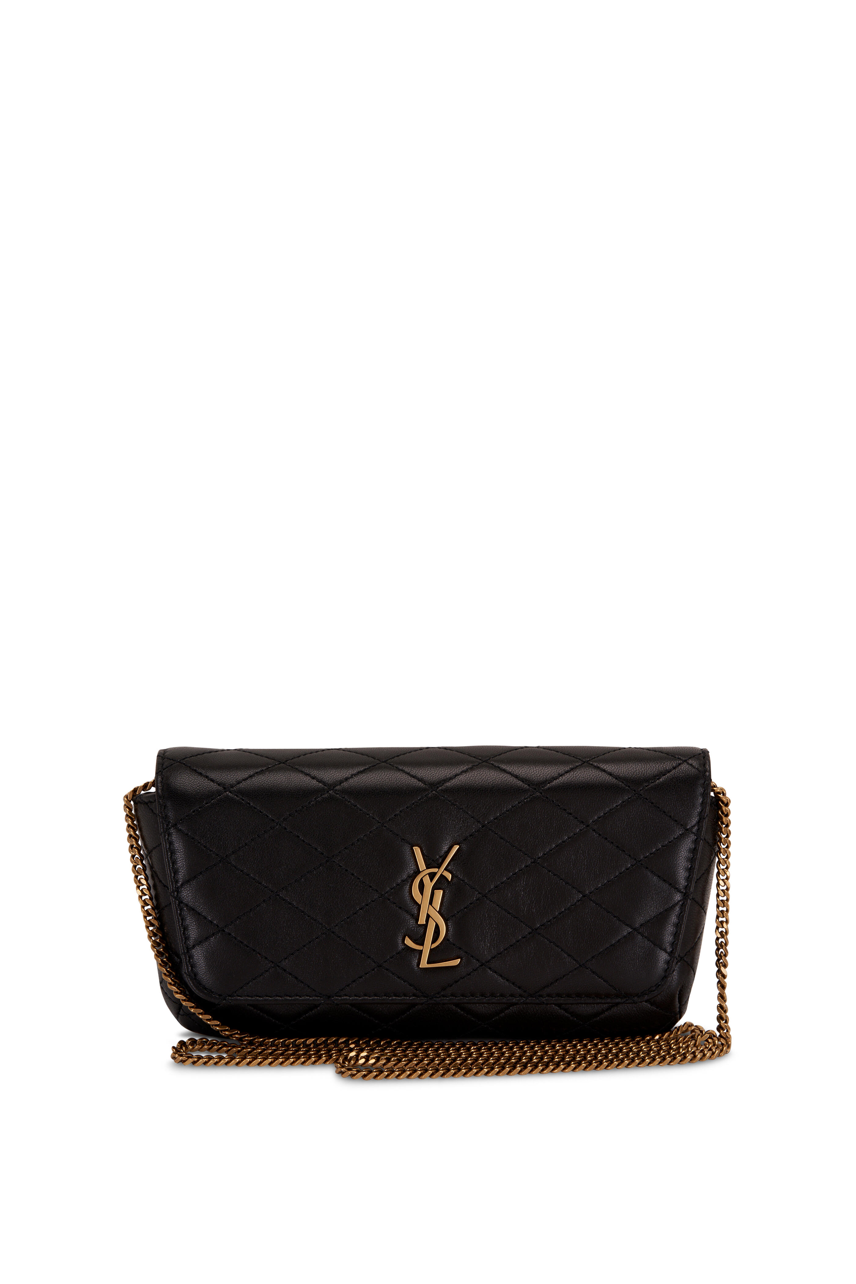 Saint Laurent Women's Gaby Black Quilted Leather Logo Chain Phone Holder | by Mitchell Stores